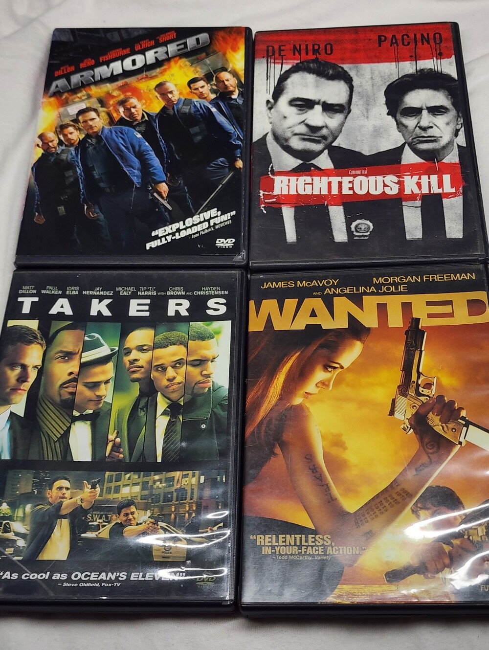 4pc Action/Crime Thriller DVDs - Armored, Righteous Kill, Takers, Wanted